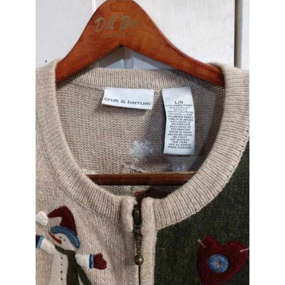 Croft & Barrow Womens L Beige Christmas Patchwork Cardigan W/Snowman Embroidery - Picture 3 of 6